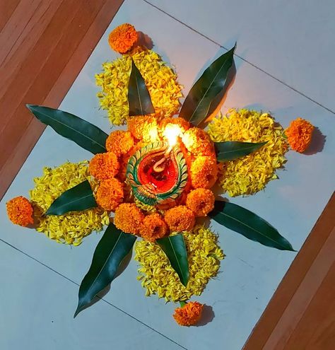 House Flower Decoration, Flower Diya Rangoli, Diwali Pooja Decoration At Home, Simple Flower Rangoli Diwali, Laxmi Puja Decoration At Home, Floral Rangoli Designs Flower, Rangoli From Flowers, Home Decoration With Flowers, Laxmi Pooja Rangoli