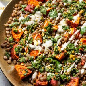 Eggplant Sweet Potato Recipes, Interesting Salad Recipes, Noom Dinners, Potato Lentil Salad, Grilled Fruit Dessert, Interesting Salads, Noom Meals, Dinner Hacks, Lentil Recipes Healthy