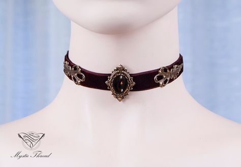 "Brown velvet choker. This choker is decorated with two beautiful openwork oxidized brass stampings and one ornately detailed oxidized brass setting with intricate details which is oxidized brass . A smoke topaz Czech glass cabochon 18x13mm in oxidized brass lace edge setting decorate the fabulous ornate centerpiece setting  in the middle. It fastens with chain and clasp. ♥It will be sent to you in a box , carefully wrapped through registered mail  ♥If you have any questions feel free to ask:) T Brown Choker, Vampire Castle, Victorian Choker, Gothic Choker, Dark Jewelry, Gothic Chokers, Handwriting Jewelry, Victorian Costume, Elegant Gothic