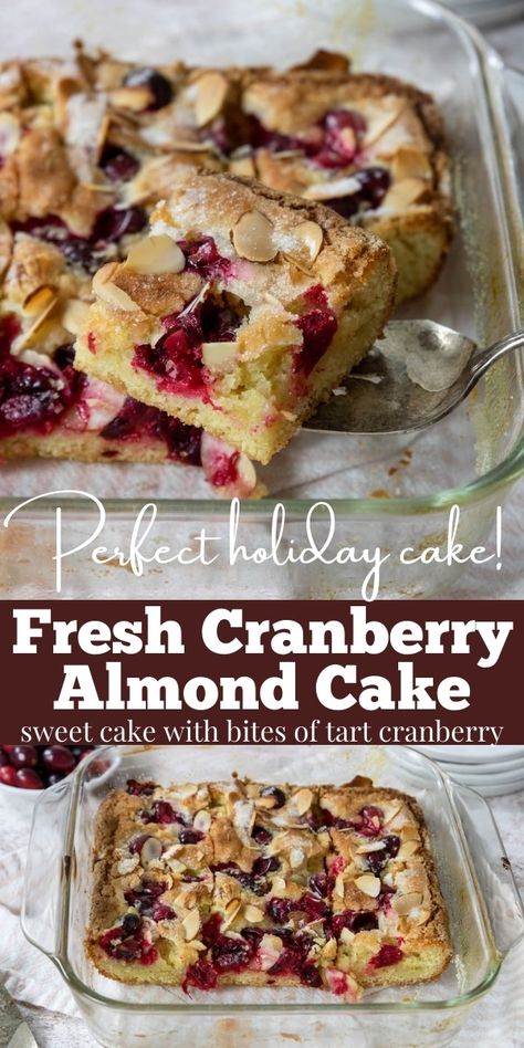 Make this delicious Cranberry Almond Cake and it will become your go-to Holiday cake! Almond flavored cake is topped with fresh cranberries, almonds and then coated with sugar for a deliciously sweet "crust". Almond Flavored Cake, Cake Almond, Almond Coffee Cake, Almond Snack, Almond Pound Cakes, Cranberry Cake, Almond Cake Recipe, Holiday Cake, Cranberry Almond