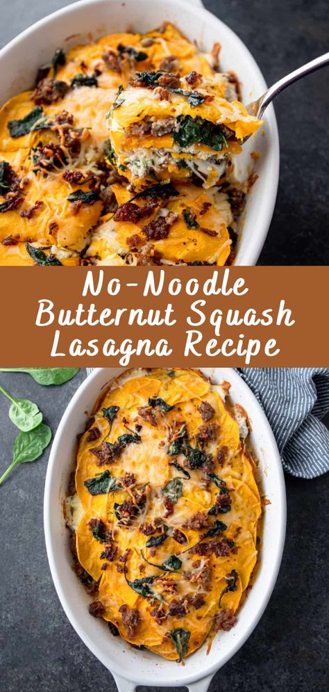 No-Noodle Butternut Squash Lasagna Recipe - Cheff Recipes Pasta Free Lasagna, No Pasta Lasagna, Butternut Recipes Dinners, Butternut Lasagna, No Pasta Lasagna Recipe, Squash Lasagna Recipe, Ground Beef And Butternut Squash Recipes, Healthy Butternut Squash Recipes, Butternut Squash Dinner Recipes