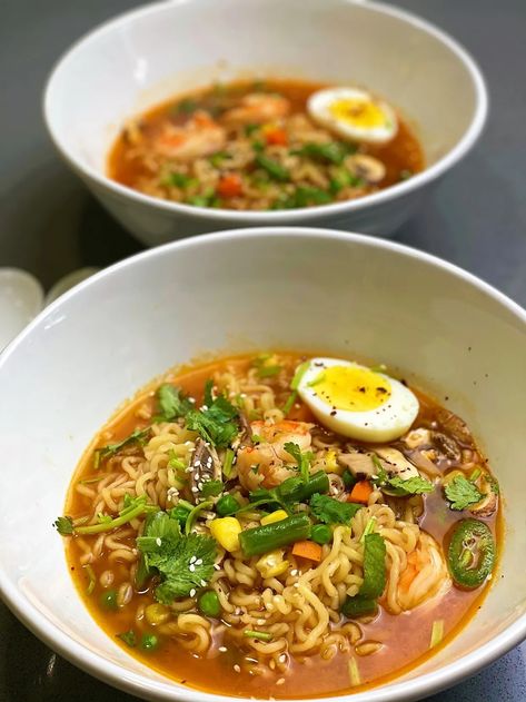 Elevated Ramen, Ramen Upgrade, Shrimp Ramen, Shrimp And Eggs, Top Ramen, Ramen Soup, Instant Ramen, Cooking Chicken To Shred, Frozen Vegetables