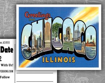 Greetings from illinois | Etsy Greetings From Chicago, Balloon Lettering, Sports Themed Wedding, Sports Wedding, Chicago City, Save The Date Templates, Vintage Advertisement, Chicago Illinois, Vintage Postcard