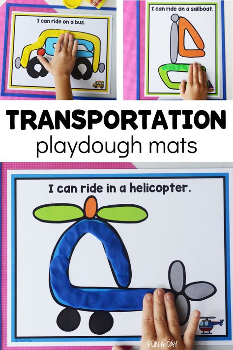 These transportation playdough mats are perfect for your preschool, pre-k, or kindergarten students any time of the year. They'd be great as part of a transportation theme or when learning about specific vehicles. Click on the Fun-A-Day.com link for your own copy of the play dough transportation mats. Road Transport Activities For Preschool, Transportation Theme For Kindergarten, Transportation Science Activities Preschool, Transportation Block Center Preschool, Transportation Day Preschool, Planes Preschool Activities, Transportation Preschool Centers, Transportation Writing Preschool, Science Transportation Activities