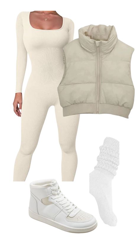 Cream Jumpsuit Outfit, Slouchy Socks Outfit, Cream Vest Outfit, Vest Outfits For Women Winter, Puffer Vest Outfit Black, White Puffer Vest Outfit, Catsuit Outfit, White Puffer Vest, Puffer Vest Outfit