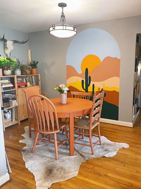 Serene Dining | Residential (Title) Cupboard Painting Ideas, Cupboard Painting, Texas Style Homes, Austin Murals, Landscape Mural, Wall Murals Diy, Barn Living, Cactus Painting, Bedroom Murals