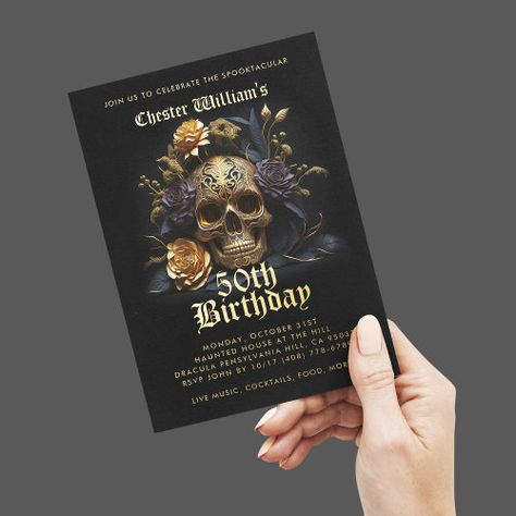 $4.75 | Modern 50TH BIRTHDAY GOLD SKULL ROSE | Halloween Birthday Invitations | 50th birthday, sugar skull, modern, black gold skull rose, spooktacular, adult halloween party, dia de los muertos, floral skull, fifty, black and gold Adult Halloween Invitations, Halloween Party Design, 10th Birthday Invitation, Rosé Halloween, Rose Birthday, Halloween Birthday Invitations, Rosé Birthday, Birthday Gold, 50th Birthday Invitations