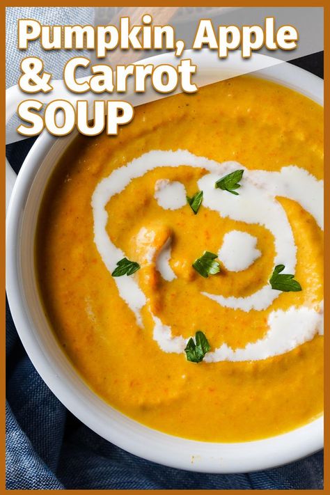 This easy fall soup recipe has the cozy flavors of pumpkin, apple and carrot! It's seasoned with garlic, ginger, and cumin. This would make a wonderful Thanksgiving side dish or starter. And, you can make this pumpkin soup in only about 35 minutes! Apple Carrot Pumpkin Soup, Pumpkin Soup With Fresh Pumpkin, Carrot And Pumpkin Soup, Pumpkin Mushroom Soup, Carrot Pumpkin Soup, White Pumpkin Recipes, Pumpkin Ginger Soup, Puree Soup Recipes, Pumpkin Cinderella