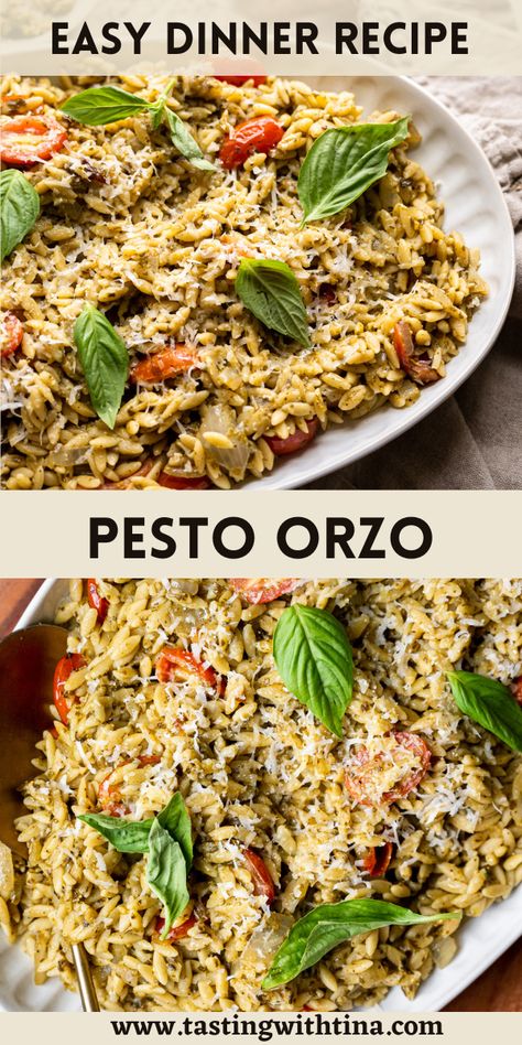 You are going to love this Pesto Orzo! This recipe has deliciously chewy orzo, flavorful pesto and juicy cherry tomatoes. This is a great weeknight recipe because it is easy to make and pairs well with a variety of main course dishes. Orzo And Pesto Recipes, Boursin Pesto Orzo, Salmon Orzo Recipe, Orzo Pesto, Pesto Orzo, Pesto Dishes, Orzo Pasta Recipes, Creamy Pesto Pasta, Pesto Salmon