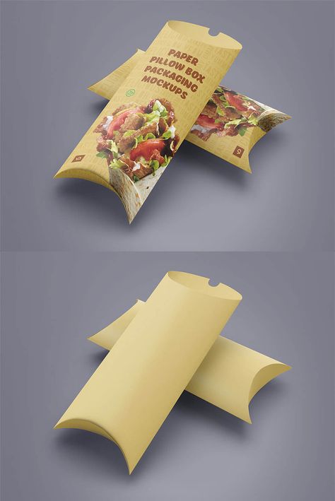 #Paper #Pillow #Box #Packaging #Mockup is a #modern and #photo-realistic box mockup available in PSD format, which uses smart object features. via @creativetacos Shawarma Packaging, Packaging Mockup Free Psd, Pillow Box Packaging, Veg Wraps, Branding Mockups Free, Packing Box Design, Food Box Packaging, Mockups Free, Gift Box Design