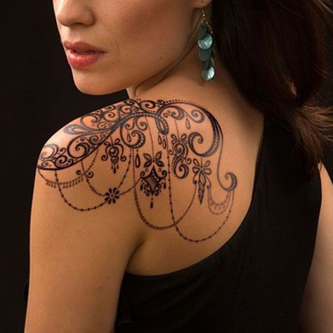 lace tattoos 33 Lace Shoulder Tattoo, Lace Tattoo Design, Cool Shoulder Tattoos, Geniale Tattoos, Lace Tattoo, Shoulder Tattoos For Women, Tattoo Designs For Women, Piercing Tattoo, Love Tattoos