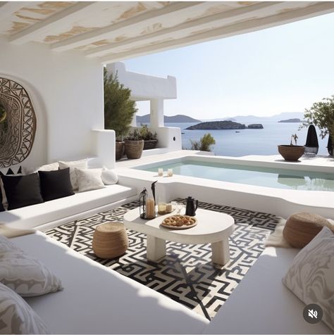 Modern Greek Villa Interior, Santorini House Interior, Greece Luxury House, Mykonos Villas Luxury Interior, Luxury Greek Villa, Mideterranean House Aesthetic, Santorini House, Bali House, Mexico House