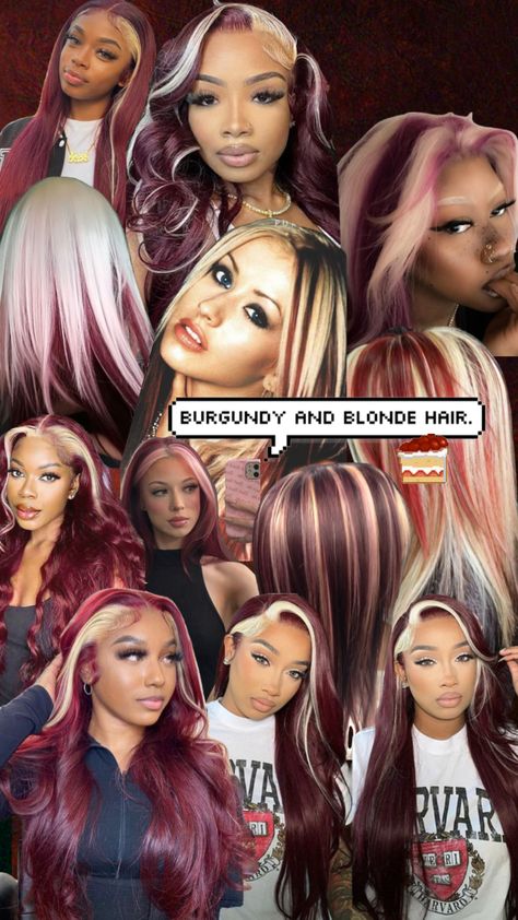 Burgundy & Blonde Hair 🍓🍰 #burgundy #blonde #red #hair #skunkystripe #hairstyles #blackwoman #blackwomen #xtina #christinaaguilera #y2kaesthetic #myfirstshuffle #fyp #tib #theigbobrat Red And Blonde Hair On Black Women, Brown Burgundy Blonde Hair, Burgundy Wig With Blonde Highlights, Burgundy Blonde Highlights, Blonde And Burgundy Hair Peekaboo, Blonde And Burgundy Hair Black Women, Fall Red And Blonde Hair Color, Burgundy Hair With Black Highlights, Red And White Hair Black Women