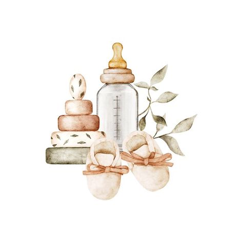 Download this Premium Photo about Watercolor baby bottle pyramid booties and green leaves Clipart for baby shower posters postcards, and discover more than 60 Million Professional Stock Photos on Freepik Boho Drawings, Baby Watercolor, Leaves Clipart, Baby Olivia, Baby Boy Cards, Digital Invitations Wedding, Leaf Clipart, Baby Illustration, Baby Stickers