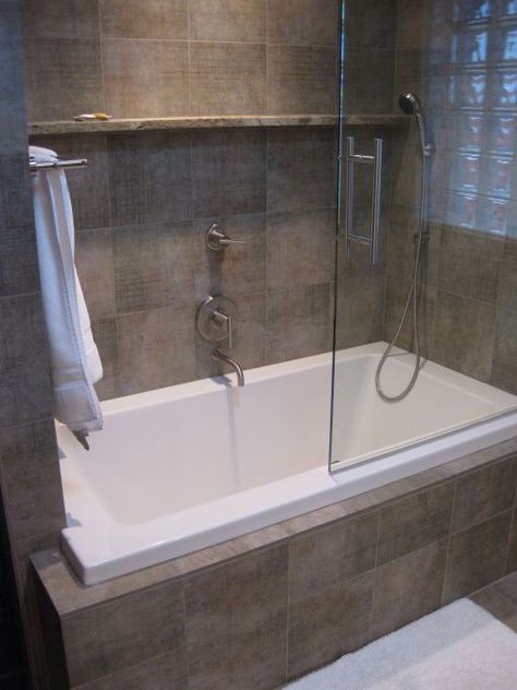 Built in bath with shower Jet Tub Shower Combo, Soaker Tub Shower Combo, Tub Shower Combo Remodel, Soaking Tub Shower Combo, Bathroom Tub Shower Combo, Makeover Kamar Mandi, Bathtub Shower Combo, Small Bathroom With Shower, Bathroom Tub Shower