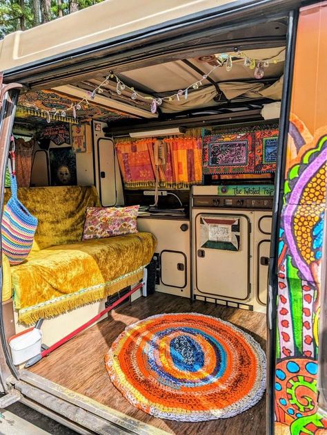 70s Van Interior, Van Living Aesthetic, Van Living Interior, Hippie Van Aesthetic, Renovated Van, 70s Camper Van, Hippie Van Interior, Campervan Decor, Van Interior Design