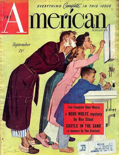 American Magazine- vintage 1950's. The average home's one bathroom was shared by everyone in the family. It was not always easy, but we learned to share.  This is exactly how our small family of 4 operated! Old Magazine, Short Novels, Vintage Illustration Art, Feminism Fashion, Girlboss Fashion, Iu Fashion, Transparent Fashion, Short Fashion, Parisian Fashion