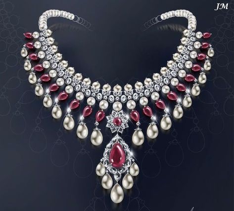 Viren Bhagat spent 10 years collecting the 24 Burmese rubies that make up this necklace of rubies, pearls and diamonds with the evocative name of Star of Arihant. The chain is made of natural diamonds, greenish yellow, brown and pink. Viren Bhagat is certainly one of India's leading jewellers, and it is widely believed that JAR and Bhagat are capable of competing for the title of the best jeweller of our time, even if he is not world famous as JAR. mm Viren Bhagat, Mughal Jewelry, Bridal Diamond Necklace, Jewelry Rendering, Beautiful Beaded Jewelry, Neck Pieces Jewelry, Diamond Jewelry Set, Diamond Earrings Design, Art Jewelry Design