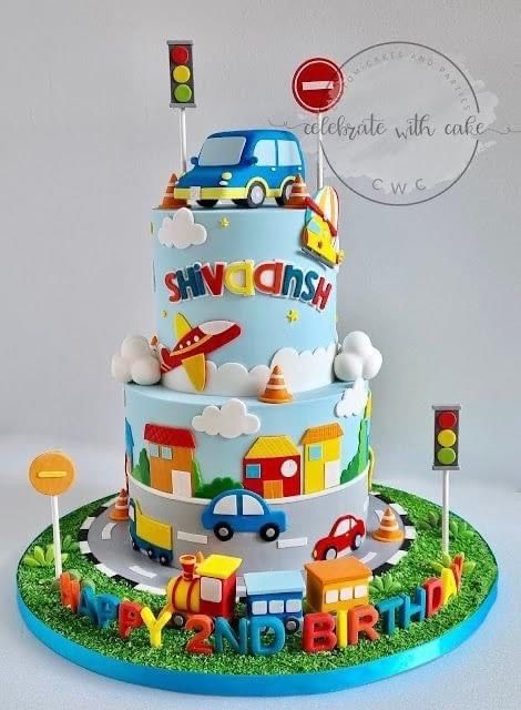 Transport Cake 2nd Birthday, Car Themes Birthday Party, Transportation Party Cake, Transportation Theme Birthday Cake, Cake With Cars Boys, Birthday Cake Cars Boy, Birthday Cake Car Theme, Cake Designs For Kids Boys, Car Cakes For Boys Birthday For Kids