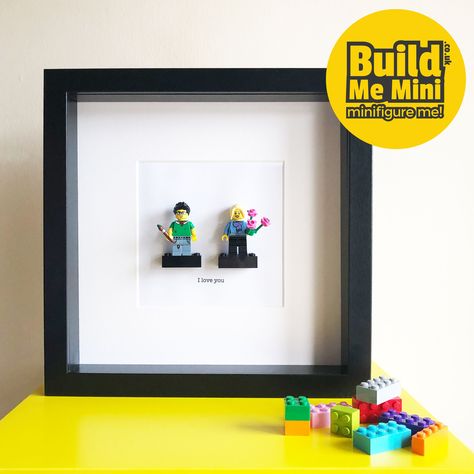 Lego Minifigure Display Frame, Lego People Art, Custom Lego Minifigures Couple, Lego Anniversary Gift, Lego Shadow Box Ideas, Lego Figure Display, Lego Gift Ideas, Lego Gift, Minifigure Display