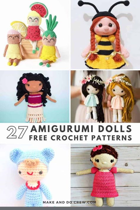 grid of crocheted dolls. Free Crochet Doll Patterns, Crocheted Dolls, Make And Do Crew, Crochet Dolls Free Patterns, Crochet Animals Free Patterns, Unique Dolls, Halloween Crochet, Sweater Crochet Pattern, Crochet Doll Pattern