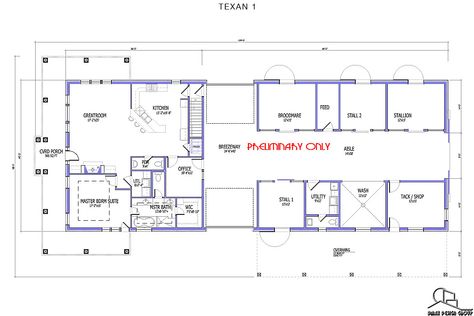 Texan Horse Barn with Living Quarters Floor Plans | Dmax Design Group Tack Rooms Ideas, Barndominium With Horse Stalls, Equestrian Architecture, Horse Barn With Living Quarters, New Home Plans, Barn Layout, Barn With Living Quarters, Tack Rooms, Barn Apartment