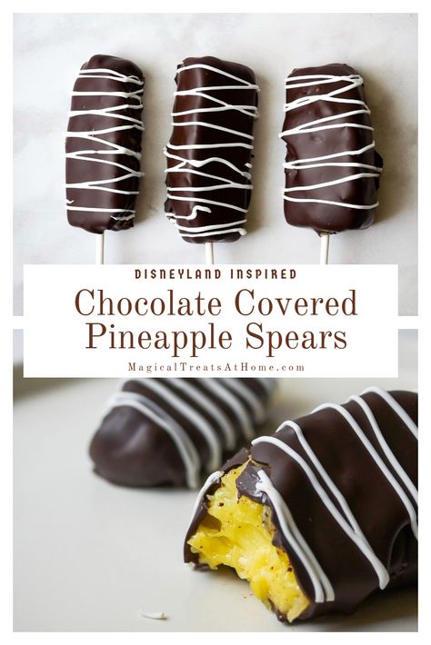 Disneyland-inspired chocolate covered pineapple spears are a quick and delicious treat you can recreate at home from the Disneyland parks! We also have an easy chocolate tempering guide so you can make your chocolate glossy with a crisp snap. #magicaltreatsathome #disneytreats #disneylandfood #chocolate #pineapple #disneylandcopycatrecipe // magicaltreatsathome.com Chocolate Pineapple, Disney Sweet Treats, Chocolate Dipped Pineapple, Chocolate Covered Fruit Ideas, White Chocolate Covered Pineapple, Pineapple Chocolate, Chocolate Dipped Strawberry Designs, Chocolate Covered Treats Ideas, Chocolate Covered Pineapple