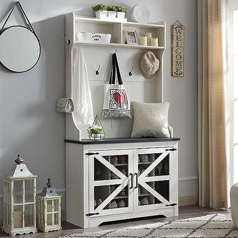 Versatile 3-in-1 Hall Tree: This Farmhouse Entryway Bench combines a coat rack, shoe storage bench, and storage cubby to offer a comprehensive solution for organizing your entryway or hallway area. ​With this versatile piece of furniture, you can fulfill a variety of storage needs without multiple items. Mudroom Storage Cabinet, Farmhouse Entryway Bench, Narrow Hall Tree, Bench With Coat Rack, Shoe Cubbies, Hallway Shoe Storage, Shoe Cubby, Entryway Coat Rack, Storage Cubby