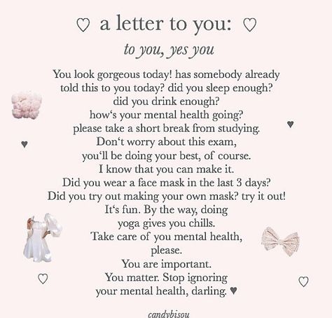 pinterest — 𝑜𝒽𝓃𝑜𝒸𝒶𝓇𝑜𝓁𝒾𝓃𝑒 Letter To Yourself, Cute Messages, Aesthetic Words, Cute Texts, Self Care Activities, Self Improvement Tips, A Letter, How To Do Yoga, Pretty Words