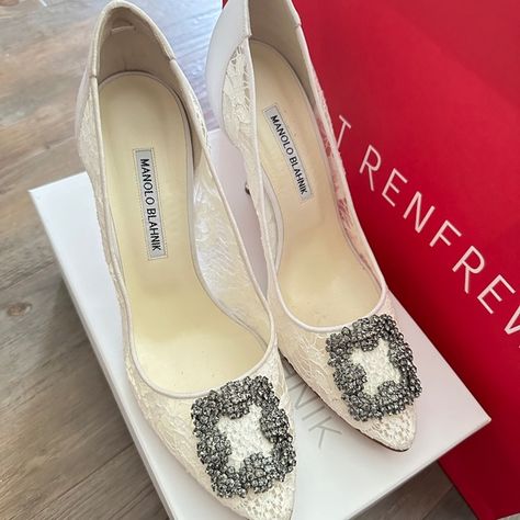 Manolo Blahnik Hangisi White Lace Bridal Heels Manolo Blahnik Hangisi, Blahnik Shoes, Bridal Heels, Manolo Blahnik Shoes, Lace Bridal, Cloth Bag, Bridal Lace, Manolo Blahnik, Cloth Bags