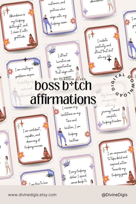 Unleash your inne r strength with our "Affirmations for Badass Women" printable manifestation affirmation cards! This digital download features a vibrant sweary affirmation deck designed to inspire and empower. Each card is filled with boss bitch affirmations to boost confidence and manifest your dreams. Perfect for daily motivation or as a thoughtful gift for the fierce women in your life. #AffirmationsForWomen #BadassWomen #ManifestationCards #DigitalDownload. Sweary Affirmation, Affirmation Deck, Manifestation Affirmation, Fierce Women, Boost Confidence, Affirmations For Women, Badass Women, Encouragement Cards, Manifestation Affirmations