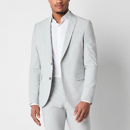 Made from a woven stretch-blend with recycled fabric and wrinkle-resistant technology, this men's single-breasted suit jacket from J. Ferrar is tailored to keep you comfortable and sharp. It's cut for a classic-fit with notch lapels, multiple pockets, and side vents. Wear it with suit pants for a tailored look.Front Style: Single BreastedFeatures: Wrinkle Resistant, Stretch FabricClosure Type: ButtonFit: Slim FitPockets: 1 Chest Slip Pocket, 1 Inside Cell Phone Pocket, 1 Inside Button Pocket, 2 Father Of The Bride Gray Suit, Light Gray Suits For Men, Light Grey Suit Men Wedding, Light Grey Suit Men, Grey Suit Combinations, Light Gray Suit, Gray Groomsmen Suits, Light Grey Suit, White Wedding Suit