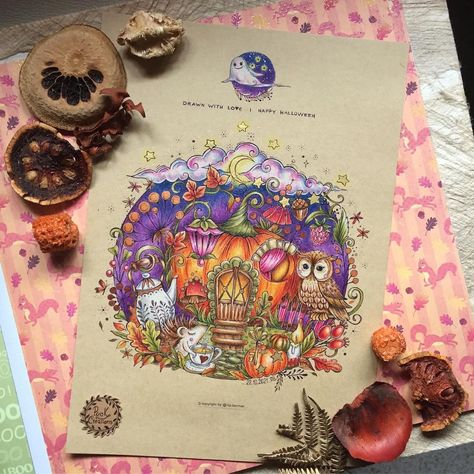 Puck Creations on Instagram: “Autumn Scene, finished!🍁✨🌙🧡Freebie by Rita Berman. I used Castle Arts pencils on brown paper and my handmade watercolors. 🍂 #ritaberman…” Pagan Drawings, Metallic Watercolors, Fairy Garden Animals, Fantasy Map Making, Map Making, Rita Berman, Book Pictures, Castle Art, Instagram Autumn