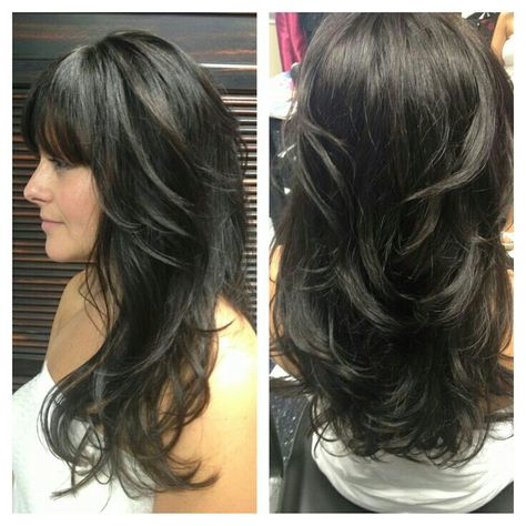 All over layers Hair Cuts Straight, Half Updo Hairstyles, Layered Hair With Bangs, Straight Hair Cuts, Trendy Hairstyle, Long Layered Haircuts, Haircut And Color, Long Layered Hair, Dark Brown Hair