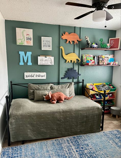 Toddler Room Dinosaur Room Toddler, Dinosaur Themed Toddler Room, Dinosaur Room Decor Ideas, Little Boy Dinosaur Room, Toddler Room Inspo Boy, Toddler Boy Paint Room Ideas, Toddler Boy Room Paint Ideas, Toddler Room For Boys, Toddler Boy Dinosaur Room Ideas