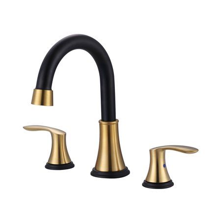 8 in. Widespread Bathroom Faucet highlights the quest for modern versatility and sets the tone for upscale elegance. High-arc spout provides additional space. Metal construction resists corrosion, rust and spots to ensure product longevity. The classic matte black finish is not prone to paint loss, making your bathroom perfect. Color: Gold. Modern Farmhouse Bathroom Faucets, Black And Gold Bathroom Fixtures, Gold Faucet Bathroom, Gold Bathroom Fixtures, Waterfall Tub Faucet, Bathroom Faucets Brushed Nickel, Black And Gold Bathroom, Gold Faucet, Brushed Nickel Bathroom