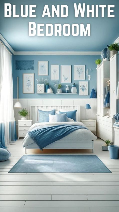 Blue And White Throw Pillows, Top Bedroom Ideas, Sheer White Curtains, Blue And White Bedroom, Bedroom Ideas For Small Rooms Cozy, Light Colored Furniture, Blue And White Art, Bedroom Color Combination, Light Blue Walls