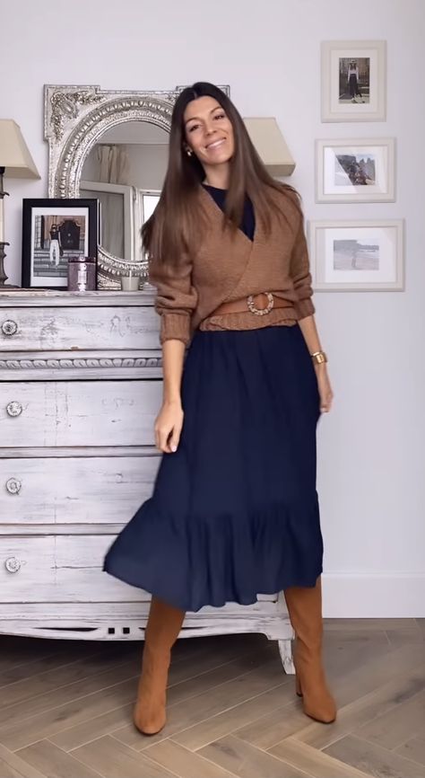 Navy Skirt Brown Boots Outfit, Dark Blue Midi Skirt Outfit, Pleated Wool Skirt Outfit, Navy Skirt Outfit Fall, Full Black Skirt Outfit, Satin Skirt Midsize, Navy Blue Skirt Outfits Winter, Navy Skirt Outfit, Navy Blue Dress Outfit