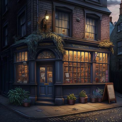 Fantasy Bookstore Concept Art, Magic Shop Exterior, Fantasy Shop Aesthetic, Fantasy Antique Shop, Fantasy Shop Exterior, Shopkeeper Aesthetic, Fantasy Book Store, Fantasy Workshop, Fantasy Store