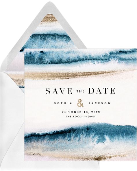 Contemporary Waves by Claudia Owen | Greenvelope.com Ocean Wedding Inspiration, Wedding Invitations For Beach Wedding, Beachy Wedding Invites, Ocean Save The Date, Blue And Tan Beach Wedding, Surf Wedding Invitations, Sea Blue Wedding Theme, Save The Date Ideas Beach Wedding, Beach Themed Save The Dates