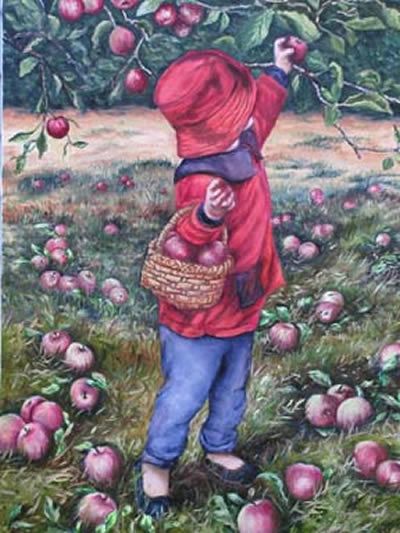 Apple Picking Picking Flowers Drawing, Apples Painting, Picking Apples, Apple Painting, Flowers Drawing, Picking Flowers, Watercolor Mixing, Kids Watercolor, Cottage Art