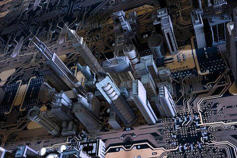 3D city on circuit board. A 3D city on a circuit board #Sponsored , #Paid, #AFFILIATE, #board, #circuit, #city Board Illustration, Circuit City, Building Modern, 3d City, Welcome To The Future, Architectural Designs, Circuit Board, Motherboard, Color Palettes