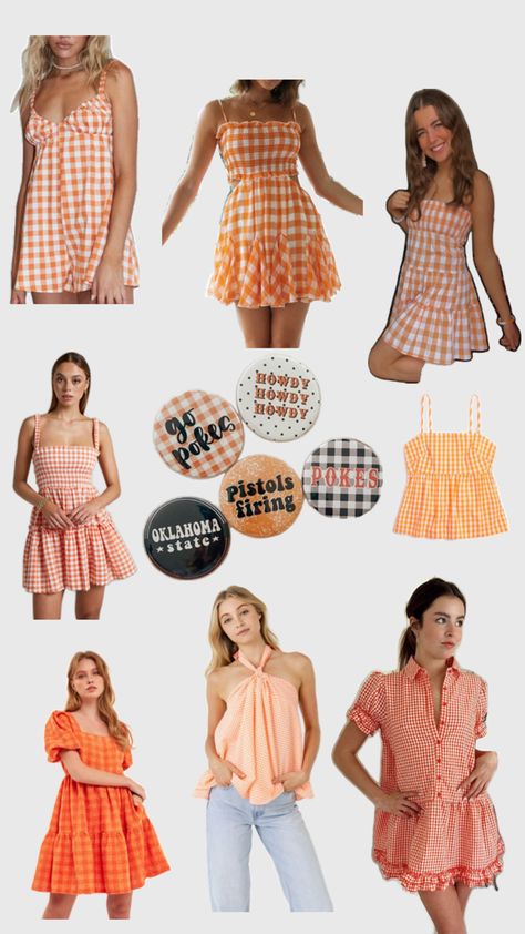 Oklahoma state university game day gingham outfits Okstate Game Day Outfit, Oklahoma State Game Day Outfit, College Gameday Outfits, Gingham Outfit, Gameday Outfits, Rush Outfits, College Gameday, Football Game Outfit, Oklahoma State University