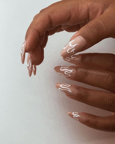 6,704 Likes, 25 Comments - Felicia Dee, Nail Artist (@feliciadeebeauty) on Instagram: “i have no idea what to caption this photo 😅 sooo... enjoy these fun flames 😂🤍” White Nail Ideas, Flame Nail Art, Work Nails, Almond Nails Designs, Caption This, Pearl Nails, White Nail, Acrylic Nails Coffin Short, Short Acrylic Nails Designs