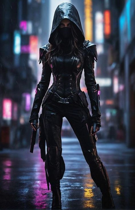 Cyberpunk Outfit Design, Assassin Design, Cyberpunk Outfit Women, Assassin Girl, Cybernetic Enhancements, Girl Assassin, Assassin Costume, Cyberpunk Costume, Cyberpunk Cityscape