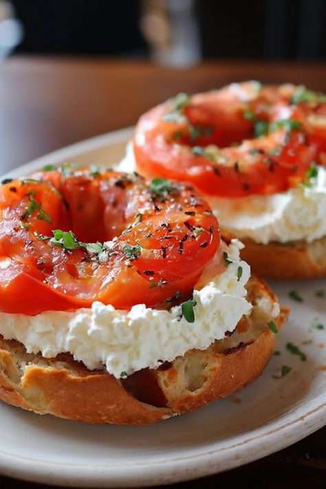 toasted bagel with whipped cottage cheese and fresh sliced tomatoes Cottage Cheese And Tomato Toast, Whipped Cottage Cheese, Toasted Bagel, Tomato Toast, Food Collage, Sliced Tomatoes, Cheese And Tomato, Cheese Bagels, Cheese Toast