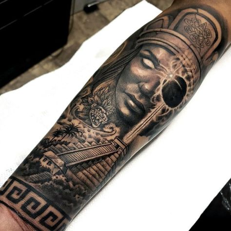 Aztec Sleeve Tattoo Women, Aztec Forearm Tattoo For Men, Mayan Warrior Tattoo, Mayan Art Tattoo, Aztec Armor, Mexican Tattoo Ideas For Men, Mexican Tattoo Ideas, Mexican Heroes, Mayan Warrior