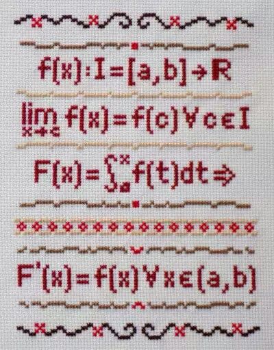 First Fundamental Theorem of Calculus in cross stitch, by analogalpaca Math Cross Stitch Patterns, Math Cross Stitch, Integral Calculus, Crossed Stitch, Differential Calculus, Cross Stitch Beginner, Stitch Witchery, Subversive Cross Stitch, Cross Stitch Bookmarks