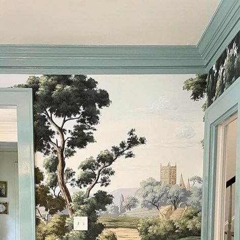 The Mural Source on Instagram: "A progress shot of a beautiful dining room featuring Derbyshire, a panoramic landscape mural of the English countryside. Photo/Design: @clarybosbyshell" Scenic Mural, Clary Bosbyshell, High Point Furniture Market, Mural Inspiration, Scenic Wallpaper, Beautiful Dining Rooms, Paper Ideas, Furniture Market, Holiday Entertaining