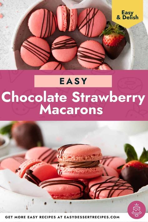 These Chocolate Strawberry Macarons are going to be your new favorite! They taste like chocolate covered strawberries, in an airy little cookie. So pretty and perfect for Valentine's Day or any special occasion! Strawberry Chocolate Macarons, Strawberry Macarons Recipe, Fall Desserts Thanksgiving, Easy Macaroons Recipe, Strawberry Macaroons, Strawberry Macarons, Macarons Recipe Easy, French Macaroon Recipes, Strawberry Macaron